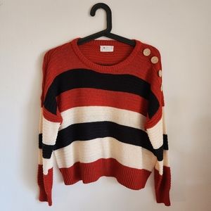 Poof Apparel sweater orange, blue and white strips with shoulder buttons